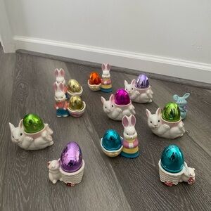 10 vintage ceramic bunnies with colorful eggs for easter